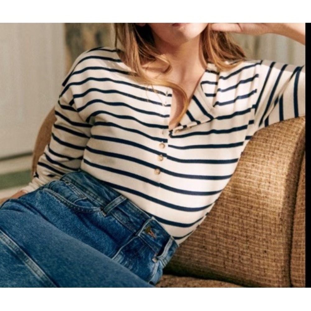 Sezane Gatsby Mariniere Striped Navy & Ecru Long Sleeve Blouse Size XL